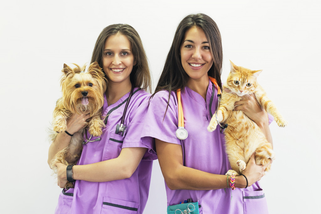 2 female veterinary technicians holding pets